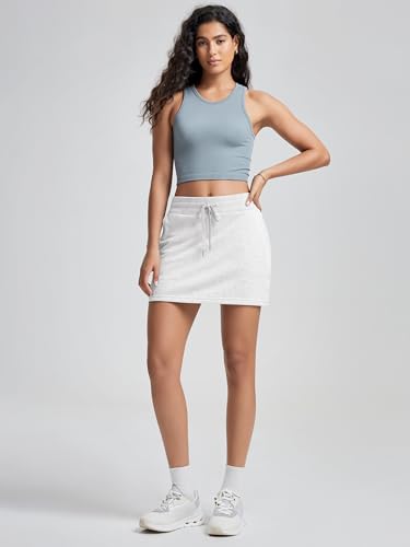 ODODOS Women\'s Cotton French Terry Skorts Drawstring Tie Built-in Shorts Casual Skirts with Pockets, White Heather, Medium