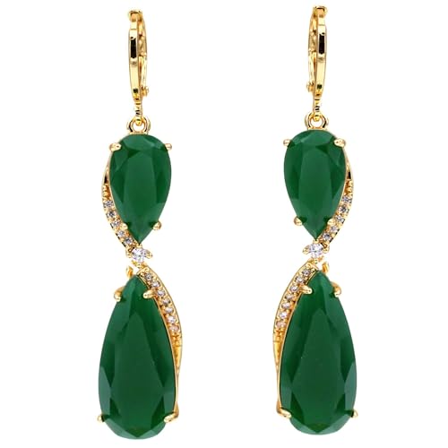 Vuskdtei18K Gold Plated Long Gemstone Green Jade Teardrop Waterdrop Swirl Symmetrical Dangle Earrings for Women, Hypoallergenic Cubic Zirconia Earrings, Elegant Chandelier Drop Earrings, Statement Jewelry Gifts Fashion (7507-Green)
