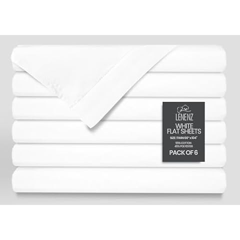 Lenenz Hospital Bed Sheets 66" X 104"- Twin Flat Sheets 6 Pack - 180 Thread Count Percale Twin Sheet - White Cotton-Poly Flat Sheets only (Pack of 6) Cover