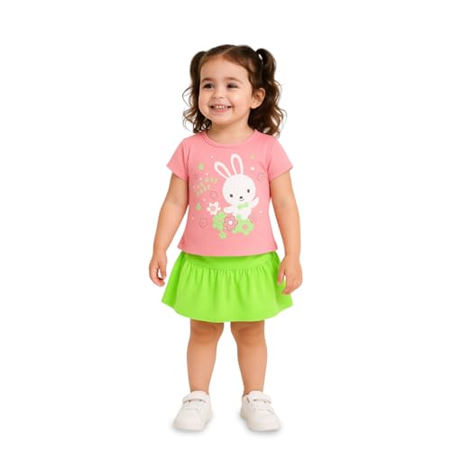 Image of Kidbea Baby Girl Bunny Print Cotton T-Shirt with Green Skirt Set | Cute & Comfy Casual Wear for Infant & Kids (Pink, 18-24 Months)