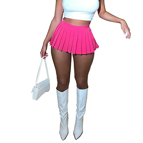 Women's Mini Pleated Skirts Sexy Club Y2k High Wiast Stretchy Tennis Skater A-line Skirt(Rose S)