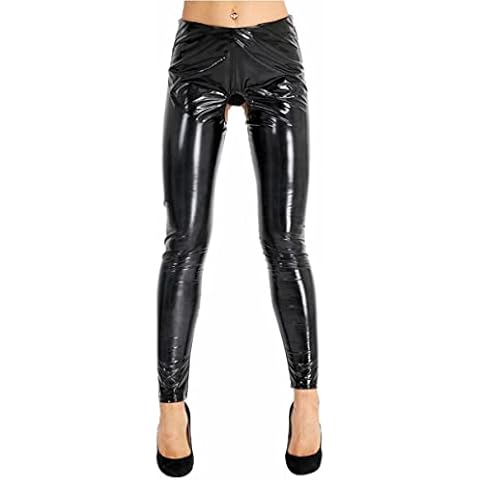 iixpin Damen Wetlook Leggings Stretch PU Lederhose Glänzend Ouvert-Hose Kunstleder Slim Schwarz Smooth Hose S-4XL Schwarz 4XL Cover