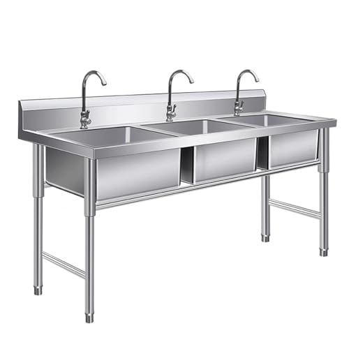 SJJALAKAJA 304 Stainless Steel Kitchen Sinks Triple Sink Design Commercial Freestanding Washbasin Raised Backsplash Household Washbasin R Rounded Corners Design for School Kitchen Restaurant