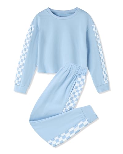 Image of SANMIO Toddler Girl Clothes 2 Piece Outfits Girls Tracksuit Activewear | Long Sleeve Crewneck Checkered Sweatshirts and Sweatpants Casual Fall Winter Clothing Set