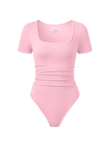 OQQ Women Bodysuits Ruched Short Sleeve Square Neck Stretch Lounge Travel Bodysuits Pink bean paste