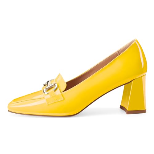 Image of Womens Mid Block Chunky Heeled Loafers Closed Square Toe Patent Leather Comfortable Slip On Pumps Metal Chain Basic Classic Casual Work Office Dress Shoes 2.8 Inches Heels
