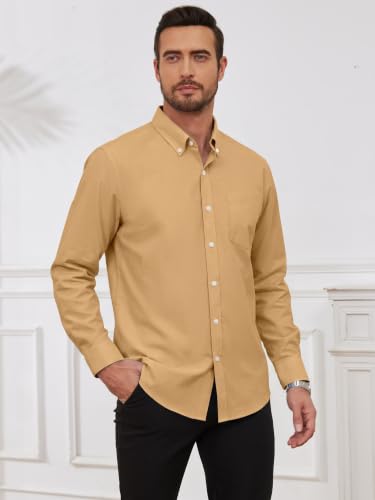 GIANZEN Mens Brown Yellow Dress Shirt Long Sleeve Oxford Shirts for Men Men's Button Down Casual Clothing Brown Yellow Size XXXL — view 2