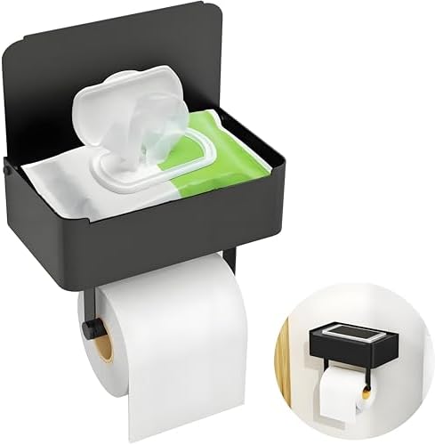 Gypie Toilettenpapierhalter Ohne Bohren 304 Edelstahl Schwarz Matt mit Box | Klopapierhalter & Klorollenhalter, WC Papier Halterung mit Feuchttücherbox, Ideal für Kleines Bad, Gäst