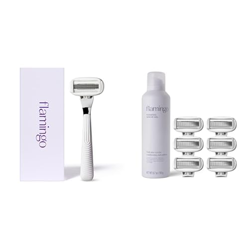 Flamingo Razors for Women Value Pack, 1 Razor Handle (Polished Chrome), 7 Razor Blade Refills, and 6.7 oz Foaming Shave Gel