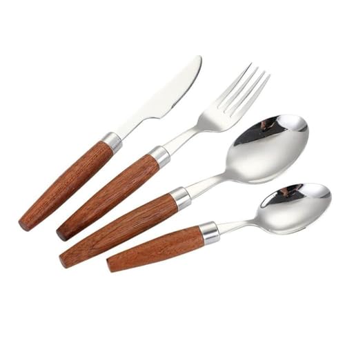 Royal Shang Youpin Unico Manico in Legno Da Cucina in Acciaio Inox Posate Posate Posate Set Coltello Da Bistecca Forchetta Cucchiaio Cucchiaino (Argento,4 pezzi)