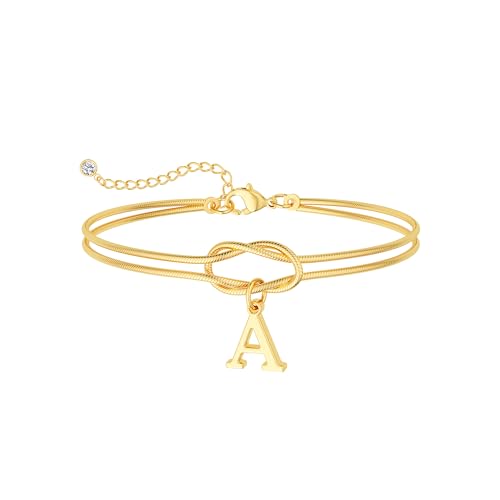 NECOCY Couple Love Knot Initial Bracelets for Women Trendy Dainty Statement 14K Gold Plated Letter A Charm Bracelet Jewelry Cute Simple Fashion Chain Women's Bracelets Gift