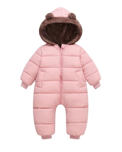 JiAmy Tutina da neve per neonati invernale, calda tutina per neonato con cerniera, pagliaccetto in pile imbottito, outfit 6-24 mesi, Colore: rosa., 12-18 Monate