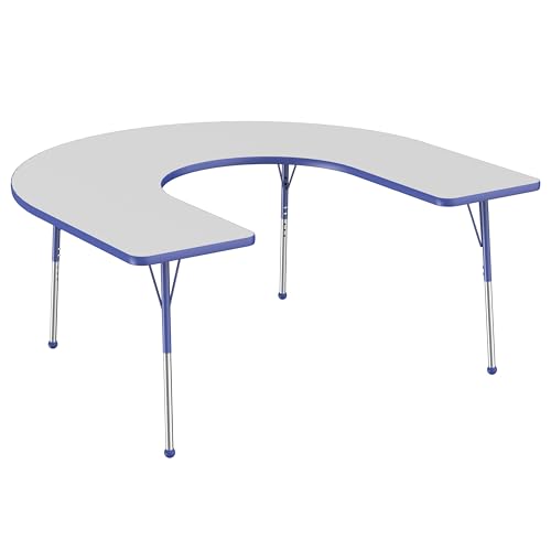 Image of FDP Horseshoe Activity School and Office Table (60 x 66 inch), Standard Legs with Ball Glides for Collaborative Seating Environments, Adjustable Height 19-30 inches - Gray Top and Blue Edge