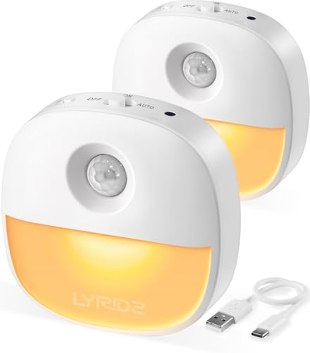 Lyridz センサーライト 室内 人感センサーライト 充電式 足元灯 無段階調光 led 常夜灯 3モード 琥珀色 省エネ 薄型 廊下 寝室 玄関 階段 納戸 【2個入り·日本語取説】