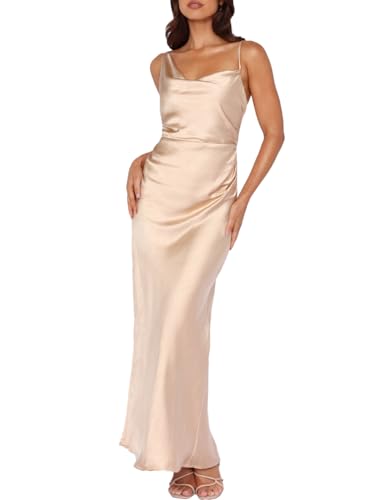 Summer Satin Maxi Dresses for Women 2025 Cowl Neck Ruched Silk Formal Wedding Guest Bridesmaid Slip Dress with Slit Champagne
