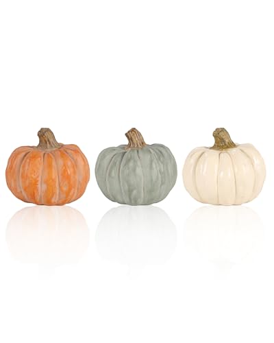 Set of 3 Decorative Pumpkins – Resin Fall Harvest Décor