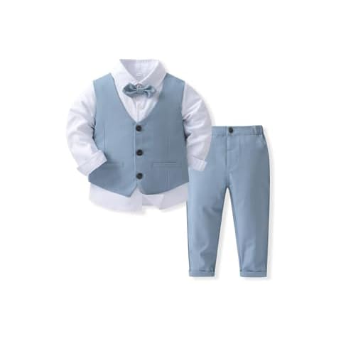 Abolai Baby Boys' 4 Piece Gentleman Set with White Shirt,Bowtie,Vest and Pant LightBlue 80 Cover