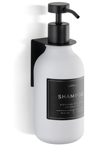 Shower Shampoo Dispenser Wall Mounted – Refillable 16.9 oz White Bottle with Stainless Steel Pump & No-Drill Adhesive Holder – Soap Dispenser for Bathroom (1 X White/Black) - image 1