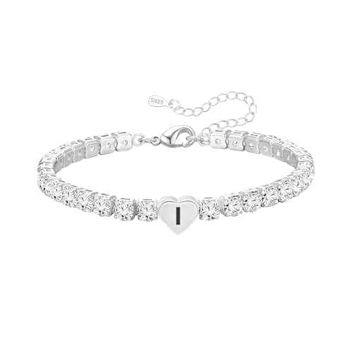 Image of Silver Initial Tennis Bracelets Gifts for Womens Ladies Teenage Girls Personalized Nomination Name Letter I Heart Pendant Birthday Christmas Gifts for Teen Daughter Sister Friends Jewellery