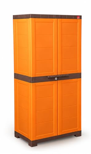Image of Cello Novelty Big Plastic Cabinet with Dustproof Doors| 3 Year Warranty | Almirah, Cupboard, Wardrobe for Home, Living Room, Bedroom, Kitchen, Office, Outdoor| Orange & Brown Colour