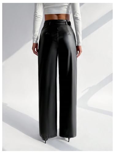 Floerns Women's PU Leather Straight Leg Pants High Waisted Belt Casual Trousers2