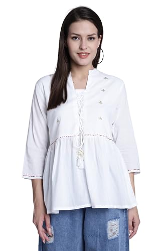 Image of Rajnandini Women's Pure Cotton Embroidered Short Western Top (JOPLJPR707 Off White)