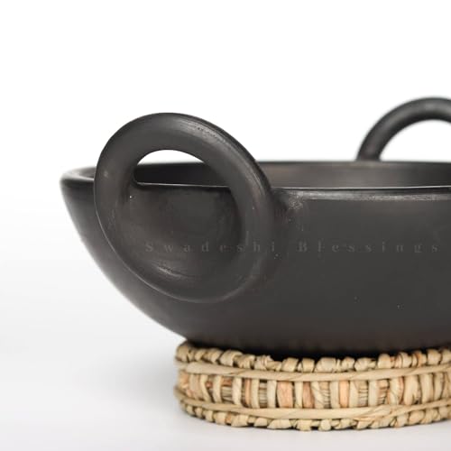 Image of SWADESHI BLESSINGS Exclusive Range Unglazed Clay /Mitti /Earthen Kadai for Cooking, 1.8Liters (with Natural Firing Shade & Mirror Shine) + Free ASH for Cleaning (Black)
