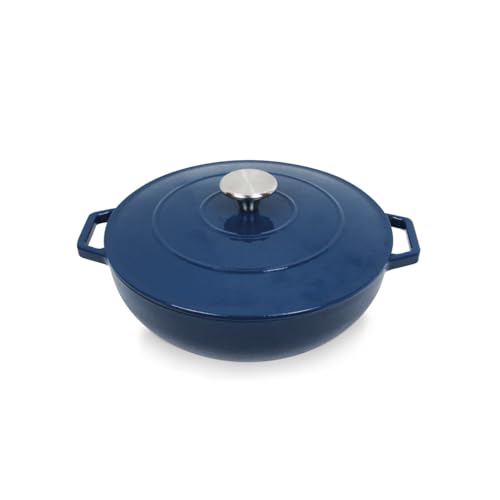 QDESIGN Sauteuse ronde en Fonte sans PFOA - tous feux dont induction - Compatible four, lave-vaiselle et frigo - Bleu, Ø 25cm (2,7L)