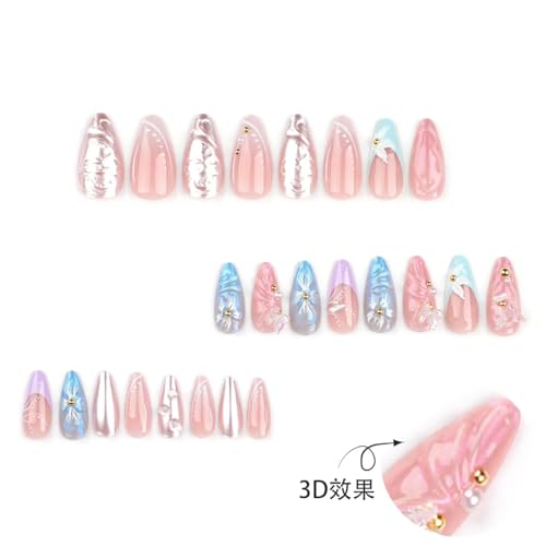 Image of Flower Nail Press ons Butterfly Fake Nails with 3D Design Medium Almond False Nails French Tip Glue on Nials Reusable Artificial Acrylic Full Cover Spring Stick on Nails for Women Girls Manicure 24Pcs