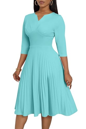 CLOCOR Pleated Midi Dress 3/4 Sleeve Empire Waist Church Dress with Pockets