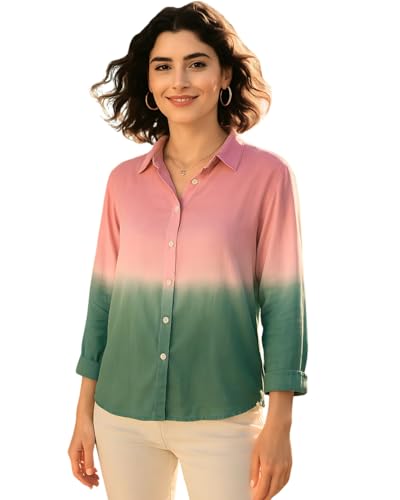 Image of Maaesa Women Handmade Ombre Tie & Dye Rayon Shirt | Relaxed Fit | Lightweight Breathable | Long Sleeve Button-Down | Classic Collar | Casual & Office Wear