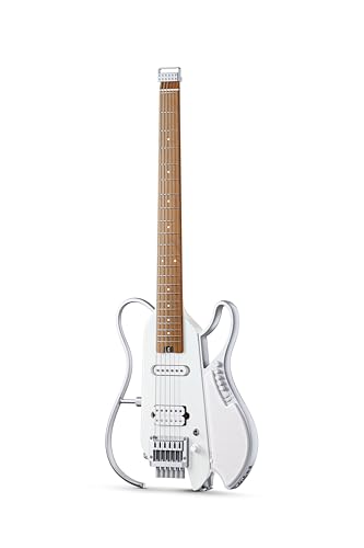 Image of DONNER HUSH X LIVE Electric Guitar with Detachable Speaker, Headless Travel Guitar Built-in Amp Modeling & Effects, Bluetooth Practice Guitar Kit with Gig Bag, White