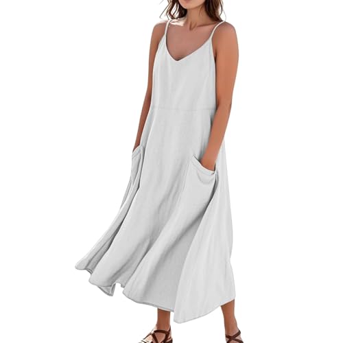 Damen Sommerkleid Lang V Ausschnitt Spaghettiträger Kleider Damen Sommer A Linie Baumwolle Leinen Trägerkleid Sommer Maxi mit Taschen Sommerkleider...