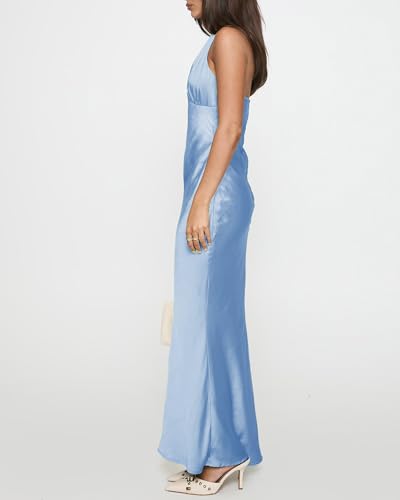 Image of Women's Satin Dresses Summer Bodycon Sexy Halter V Neck Backless Elegant Formal Prom Cocktail Wedding Guest Maxi Dress