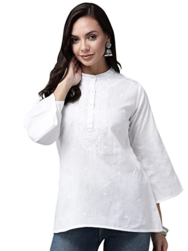 Image of Ada Hand Embroidered Lucknowi Chikankari Cotton Top for Women A911233 | Lucknowi Short Kurta Kurti Tunic Casual Wear Ethnic Wear Chikan Work Straight handcrafted top Kurti for Office