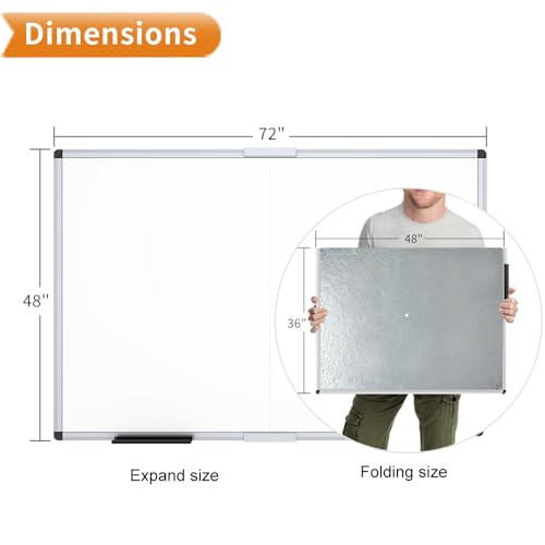 Image of VIZ-PRO Magnetic Dry Erase Board, 72 X 48 Inches, Foldable Wall-Mounted Whiteboard with Silver Aluminum Frame & Marker Tray for School Office and Home 6' X 4'