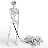 Lighted Human & Dog Skeleton Halloween Decorations Outdoor/Indoor - 36 Inch Realistic Full Body Movable Posable Skeleton Spooky Halloween Decor for Garden Yard Porch Indoor Party Haunted Graveyard