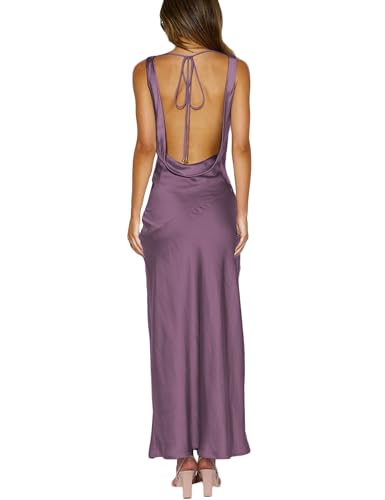 Image of KOUNAI Satin Backless Formal Maxi Dresses for Women Wedding Guest | Silk,Cowl Neck,Drape Neck,Open Back,Sleeveless,Tie Back,Elegant,Cocktail,Bridesmaid,Beach,Vacation,Party,Graduation,Midi