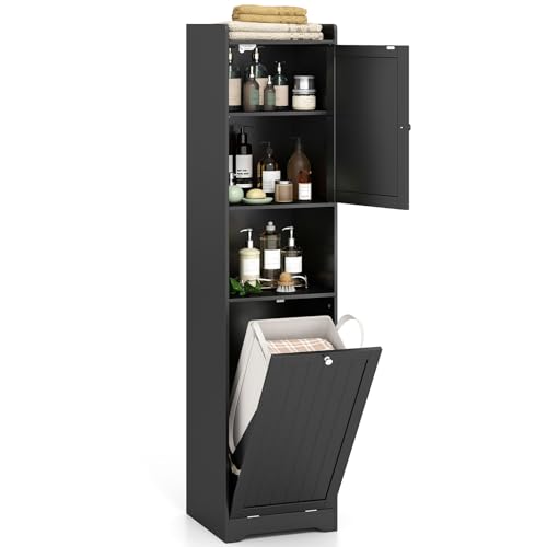 COSTWAY Bad Hochschrank mit Wäschekorb, Badezimmerschrank mit...