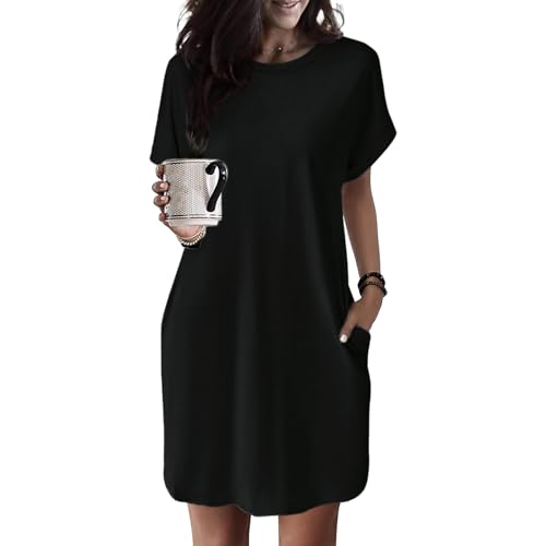 Sommerkleid Damen Knielang - T Shirt Kleid Damen Kurzarm Strandkleid Sommer Tunika Kleider Elegant mit Taschen Rundhals Lockerer Einfarbig Weich...