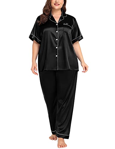 SWOMOG Women's Plus Size Pajamas Silk Satin Pajama Set Short Sleeve Shirt with Full-Length Pants Pjs Sleepwear Set 18W-26W2