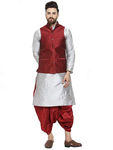 Chaqueta Kurta y dhoti de mezcla de seda para hombre conjunto tradicional indio en color beige