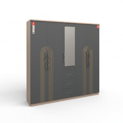 Image of Butterfly 5 Door Wardrobe with Mirror & Drawers | Engineered Wood Bedroom Wardrobe | 6.5 x 6.5 ft | Modern Storage Cabinet