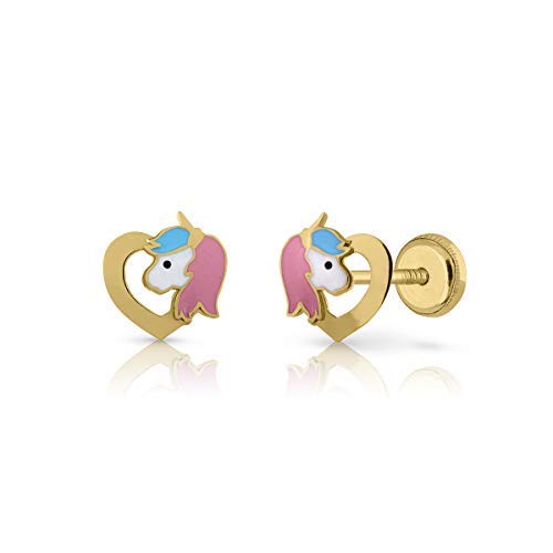 ROSA DI MANUEL Pendientes oro 18k, o 9K niña unicornio esmaltado a mano. Medida de la joya 7.5 x 8 mm. Con cierre de máxima seguridad a rosca. Elige tu estilo.