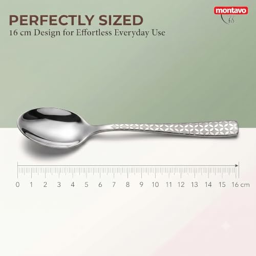 Image of Montavo by FnS 12 Pieces Stainless Steel Dinner Spoon Set, 16cm Laser Spoons, 1.8mm Thick Premium Table Spoons, Elegant Cutlery for Home, Kitchen, Restaurant & Daily Dining