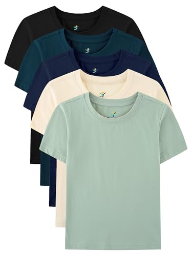 Boys Shirts Tshirts Clothes Summer Spring Cotton Little Kids Toddler Short Sleeve 5 Pack T-Shirts Tees Tops 4-5 Years Black/Teal/Navy/Ivory/Sage Green