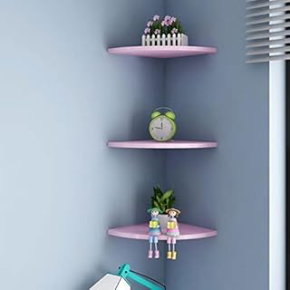 Wood Corner Shelves Wall Mounted 3 Tiers Triangular Corner Display Shelves Floating Unit Kit Round Decorative Modern Storage Stand for Bedroom Hallway Office 9.8inch Purple