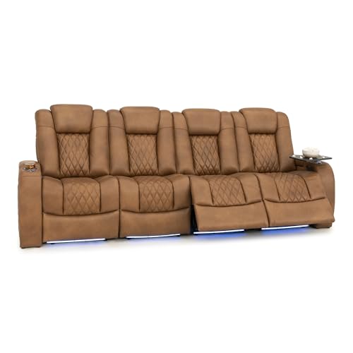 Image of Seatcraft Diamante Tawny Italian Leather Home Theater Seating, Zero Gravity Power Recliner Gaming and Home Office Chair, Powered Headrest Lounge Sofa Furniture for Cinema Room, Row of 4 Sofa