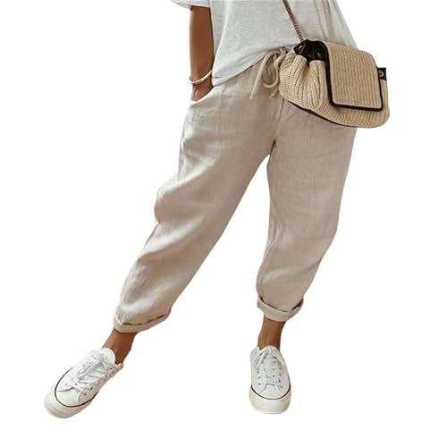 Women's Cotton Linen Straight Leg Pants Casual Drawstring Elastic Waisted Plain Cropped Pants with Pockets