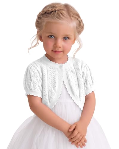 Image of Toddler Girls Cardigan Sweater | Short Sleeve Cardigan, School Wear Sweater, 18M-5T, Knit Baby Bolero Shrug, Cropped Puff Summer Tops, Button Open Front Shirt